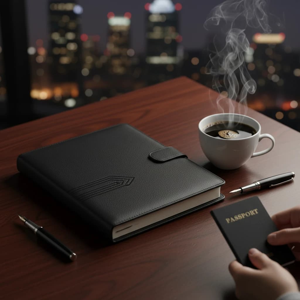 A stylish leather organizer, a high-quality fountain pen, and a cup of coffee on a dark wooden table, representing professional commitment and organized business management.