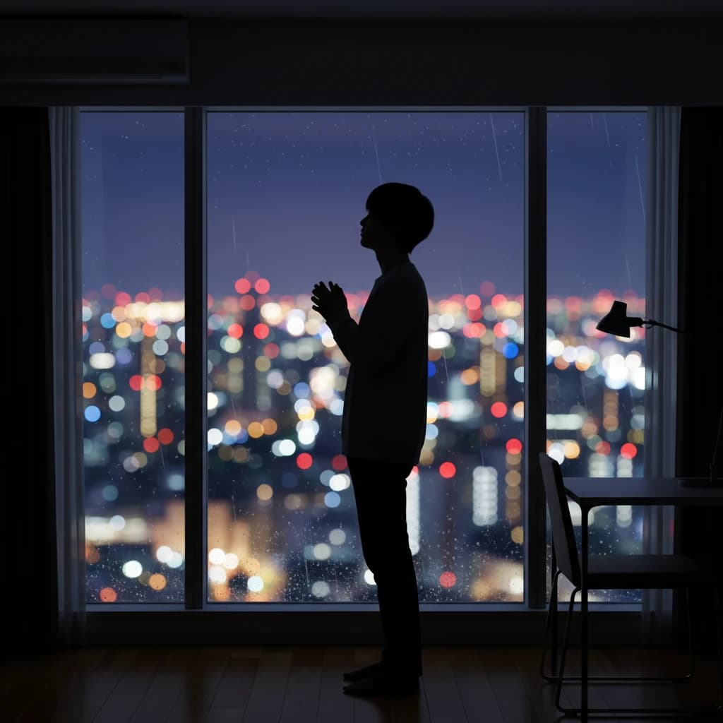 夜の都会を窓越しに見つめる若者のシルエット