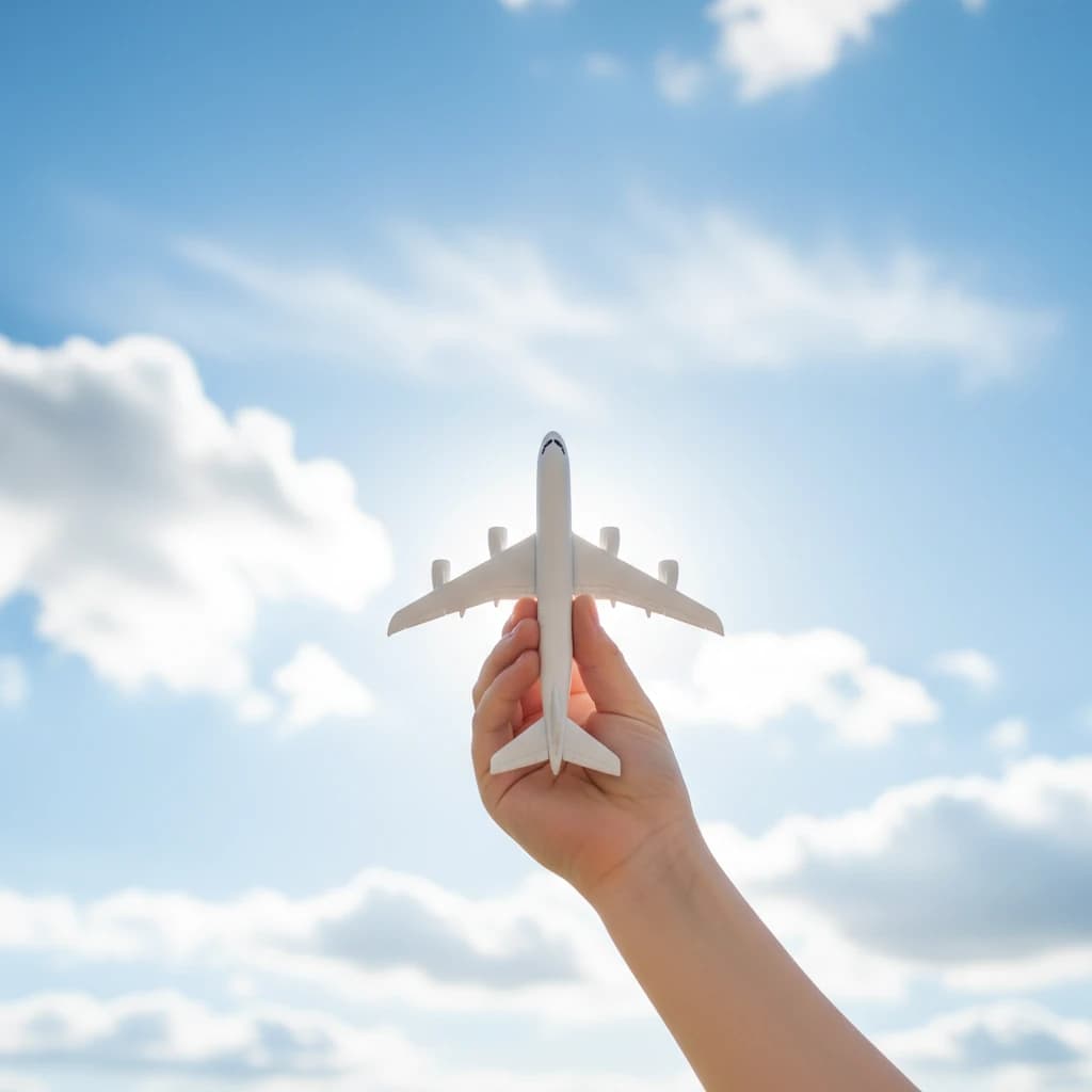 澄み渡る青空にかざされた、子供の手が持つ白いおもちゃの飛行機。未来への希望と夢の実現を象徴するカット。