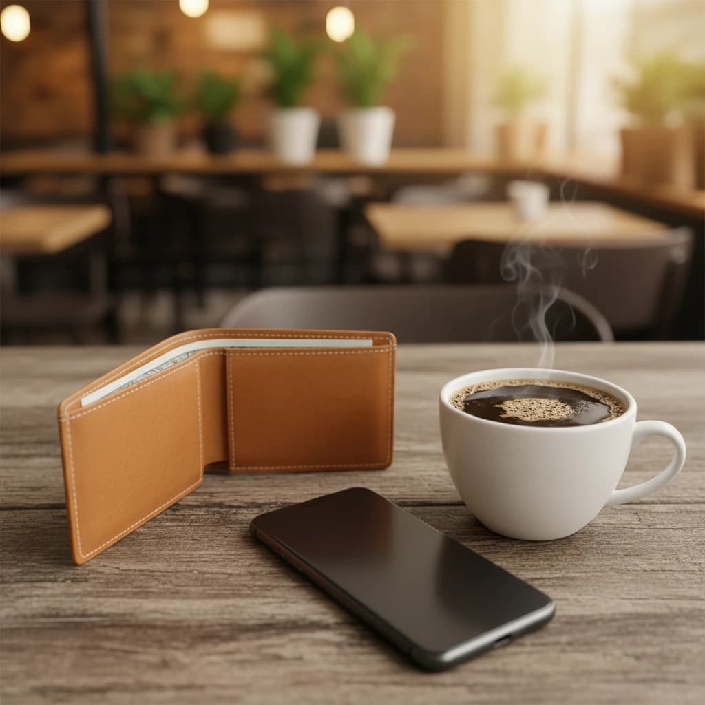 ミニマルな財布とスマートフォンが置かれたカフェのテーブル