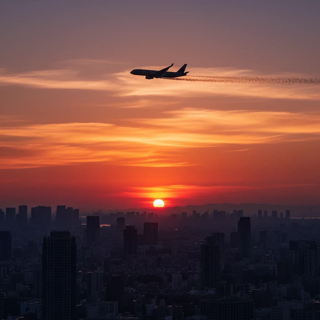 夕暮れ時の東京の街並みの上空を飛ぶ飛行機のシルエット。オレンジ色の空と都会のビル群のコントラスト。
