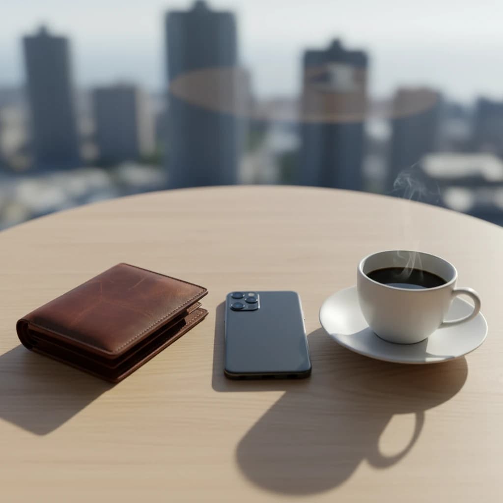 カフェのテーブルに置かれた財布とスマートフォン