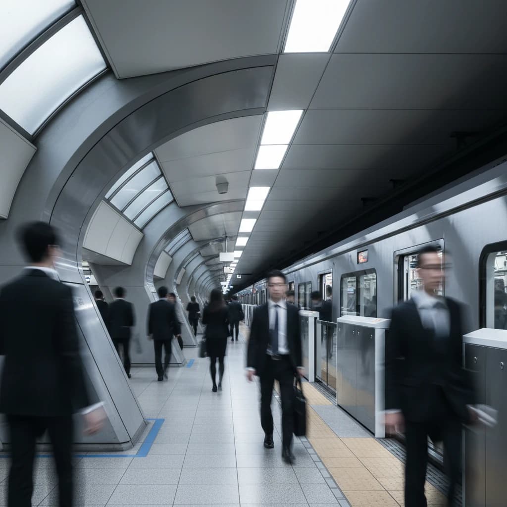 洗練された東京の地下鉄駅のホーム。モダンな建築デザインと、行き交うビジネスパーソンの躍動感を感じさせる抽象的な風景。顔は写さない。
