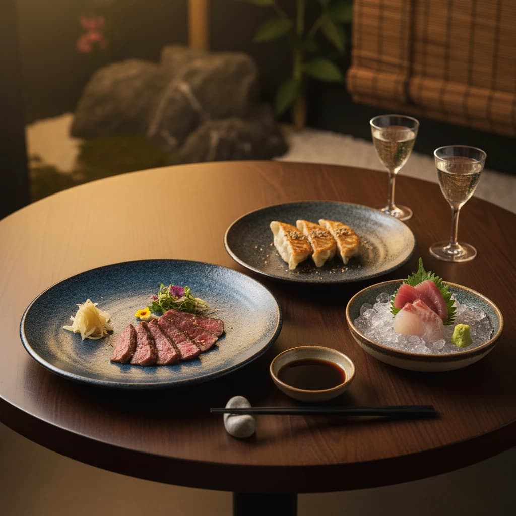 高級感のあるダイニングテーブルに並ぶ、洗練された和食の小鉢。
