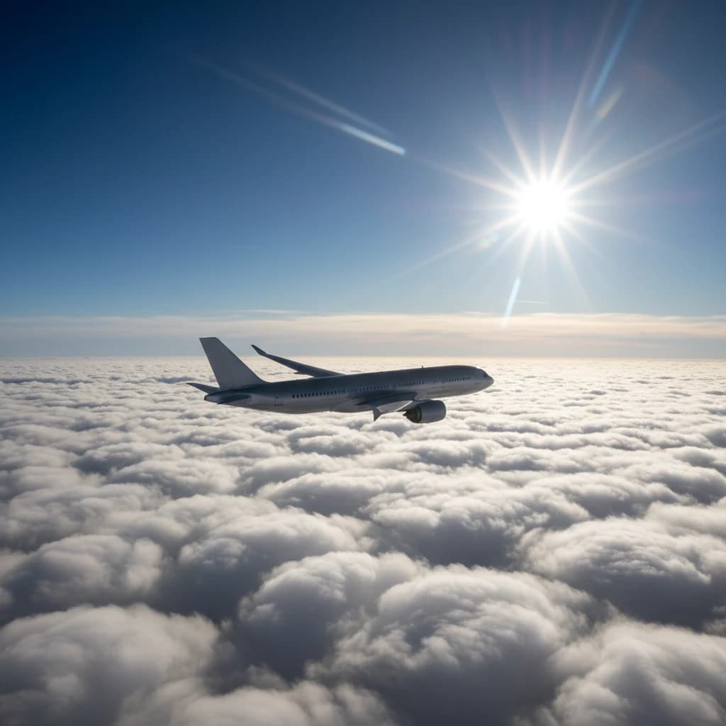 青空を突き抜けて飛ぶ大型旅客機。自由な旅の象徴