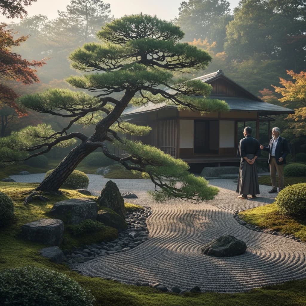 伝統的な日本庭園の風景。手入れの行き届いた松の木と石組み、奥には静かな茶室が見える。朝の柔らかな光が差し込んでいる。