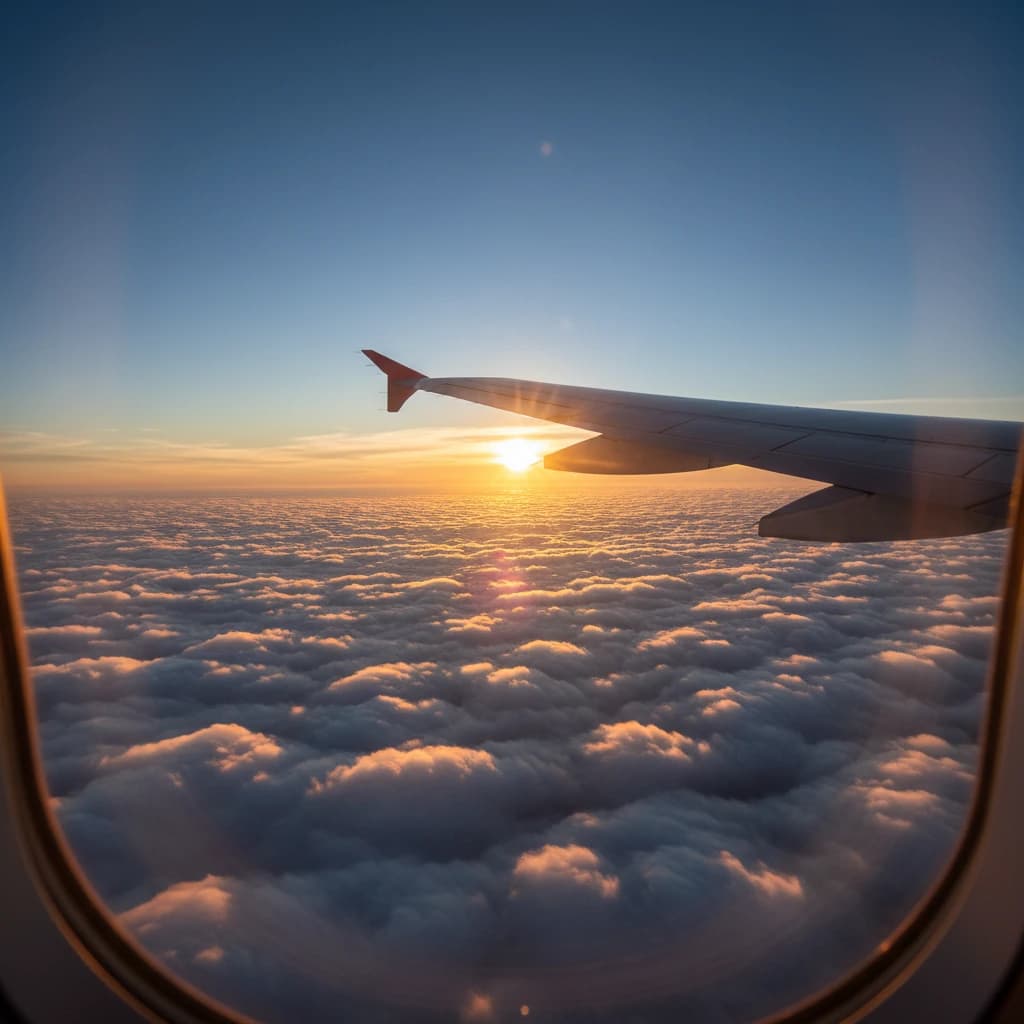雲海の上を飛ぶ飛行機の翼