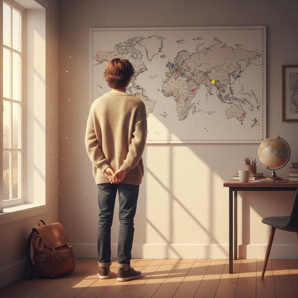 世界地図を眺める大学生