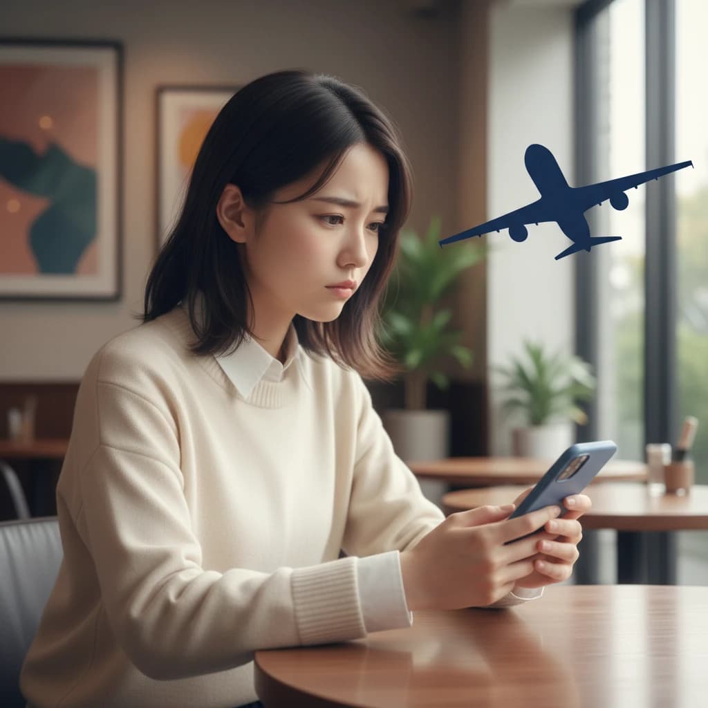 スマートフォンの計算機アプリを見つめながら、少し不安そうな表情を浮かべる20代後半の女性。背景にはぼんやりと飛行機のシルエットが浮かんでいる。