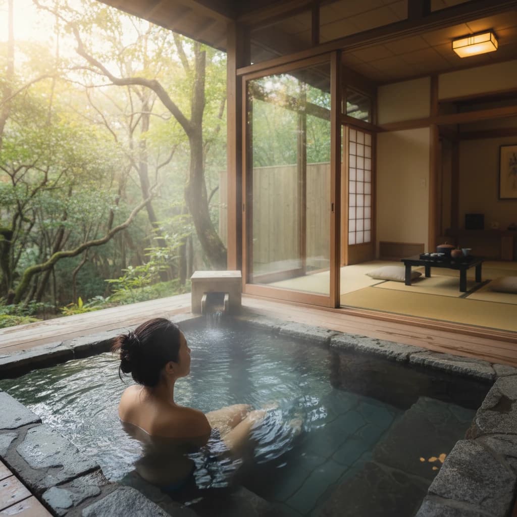 静かな森に囲まれた高級旅館の客室露天風呂。湯気が立ち上り、和の情緒あふれる落ち着いた空間。