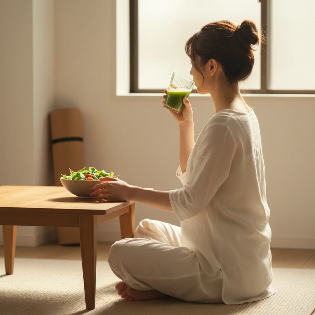 A minimalist wooden table with a ceramic bowl of fresh organic salad and a glass of green juice, soft morning sunlight through a window, blurred yoga mat in the background, high quality, peaceful atmosphere.