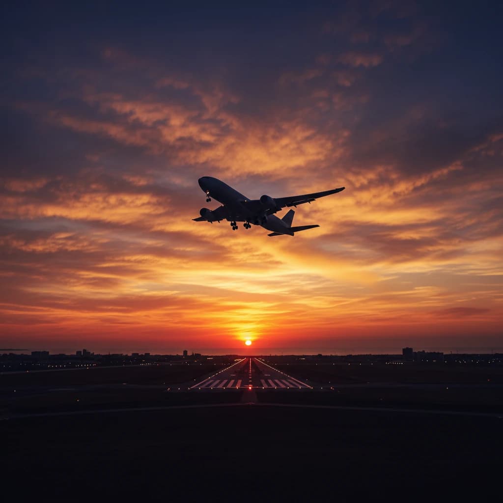 夕暮れ時の滑走路から力強く離陸する飛行機のシルエット