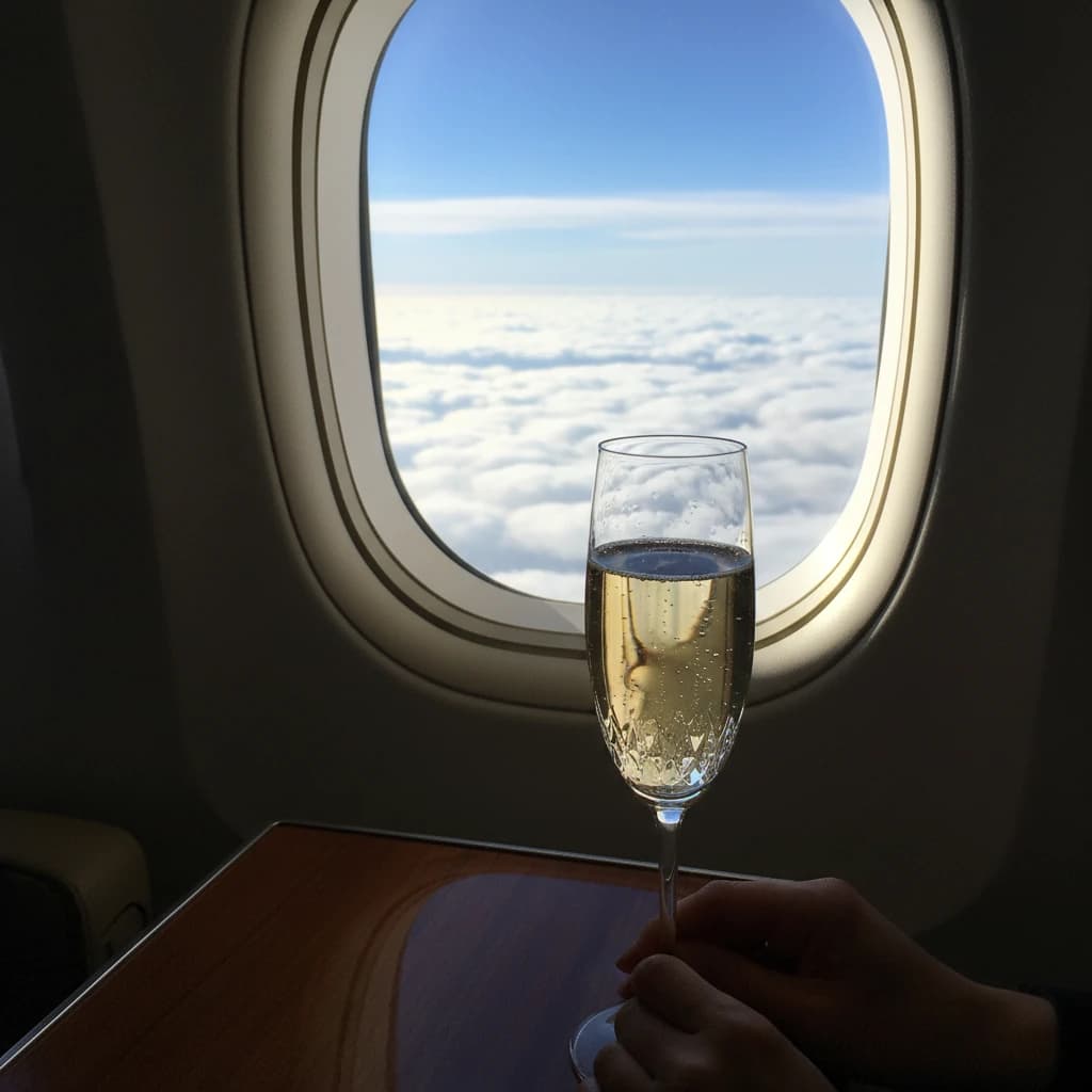 機内でのシャンパングラスと窓の外の雲海