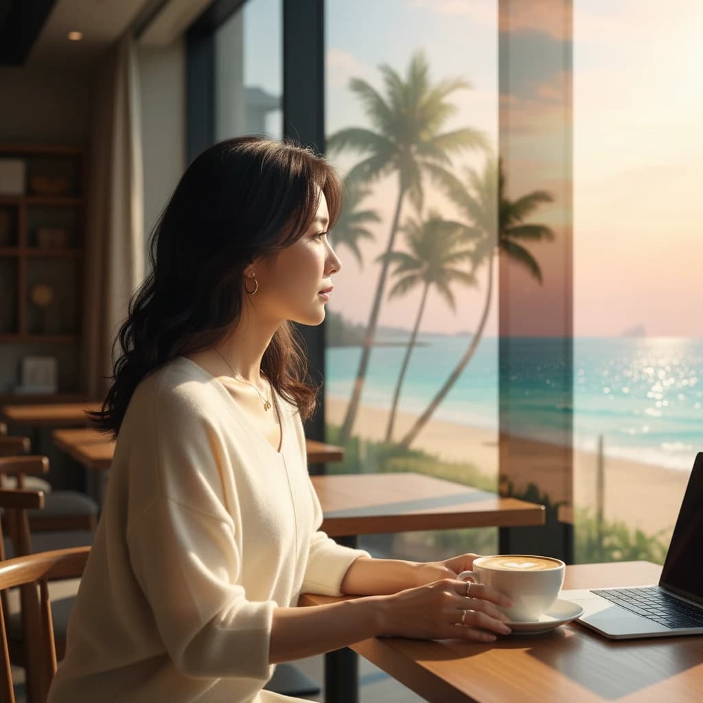 窓の外の南国の風景を思い浮かべながら、カフェでノートパソコンを開く30代の女性。顔は映さず、洗練されたオフィスカジュアルな服装で、落ち着いた雰囲気のインテリア。