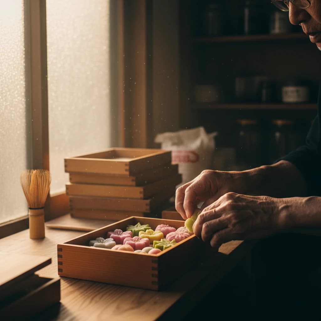 老舗菓子店の工房で、丁寧に詰められた和菓子の箱を見つめる職人の手元