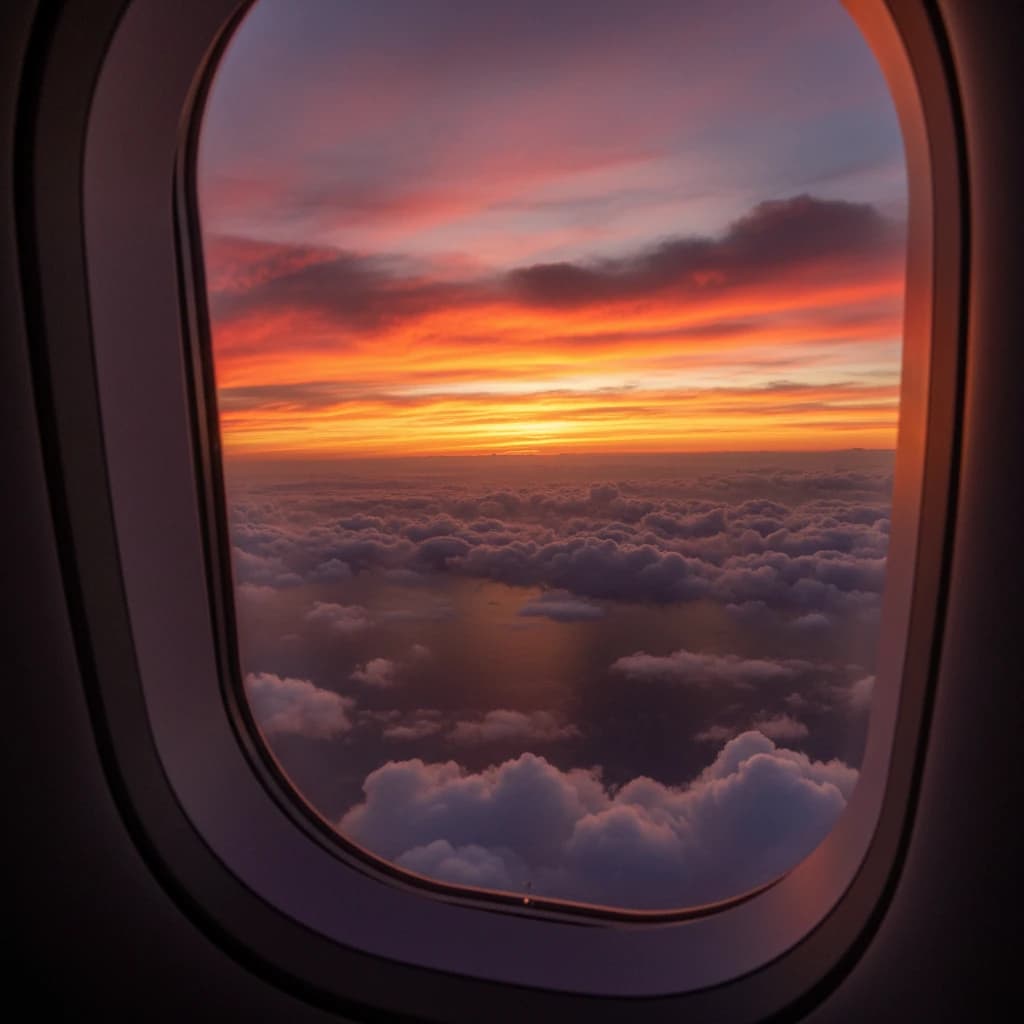 飛行機の窓から見える美しい雲海と夕焼け。無限の可能性と自由な旅を象徴する。