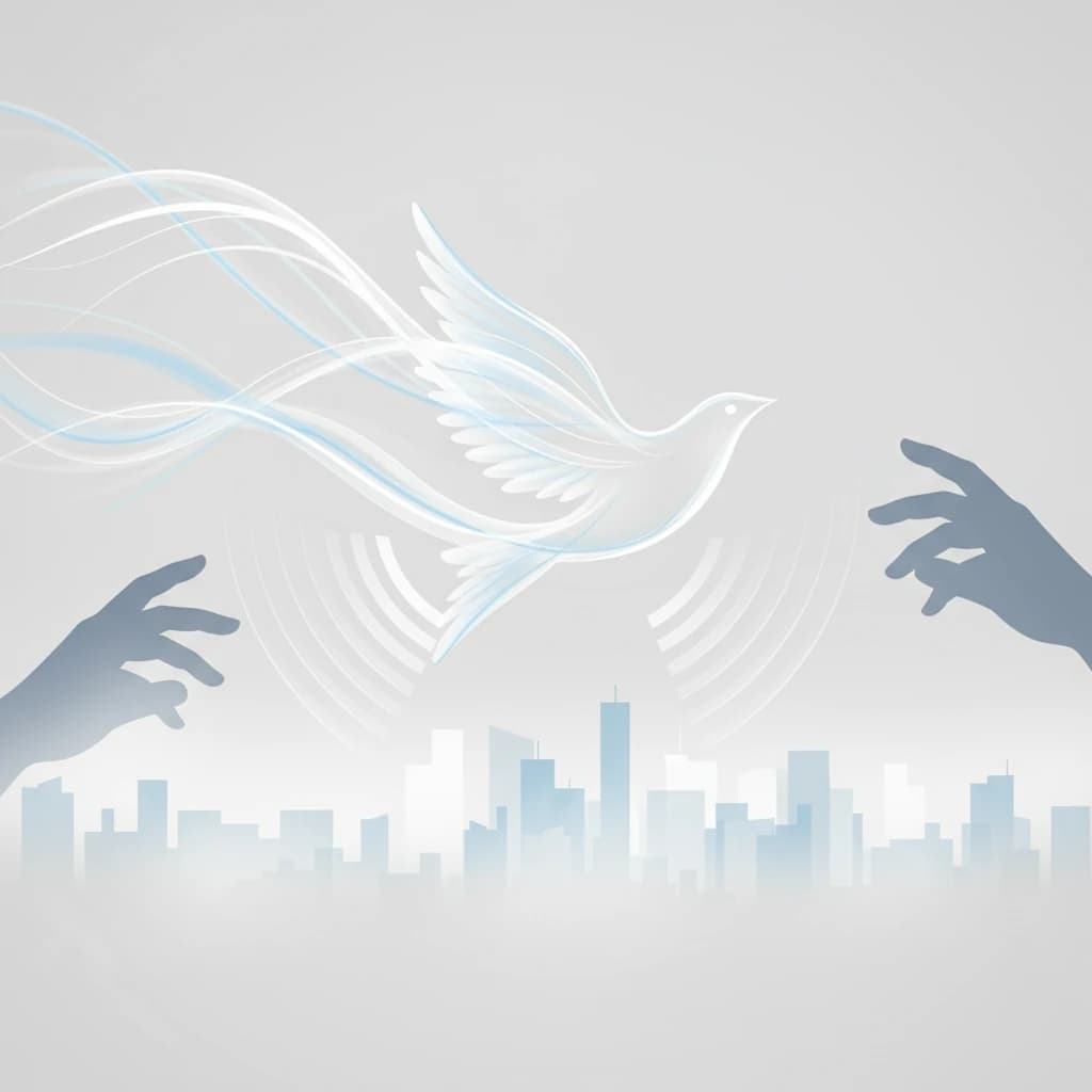 An abstract and artistic representation of digital freedom, featuring clean lines and a soft blue and white color palette.