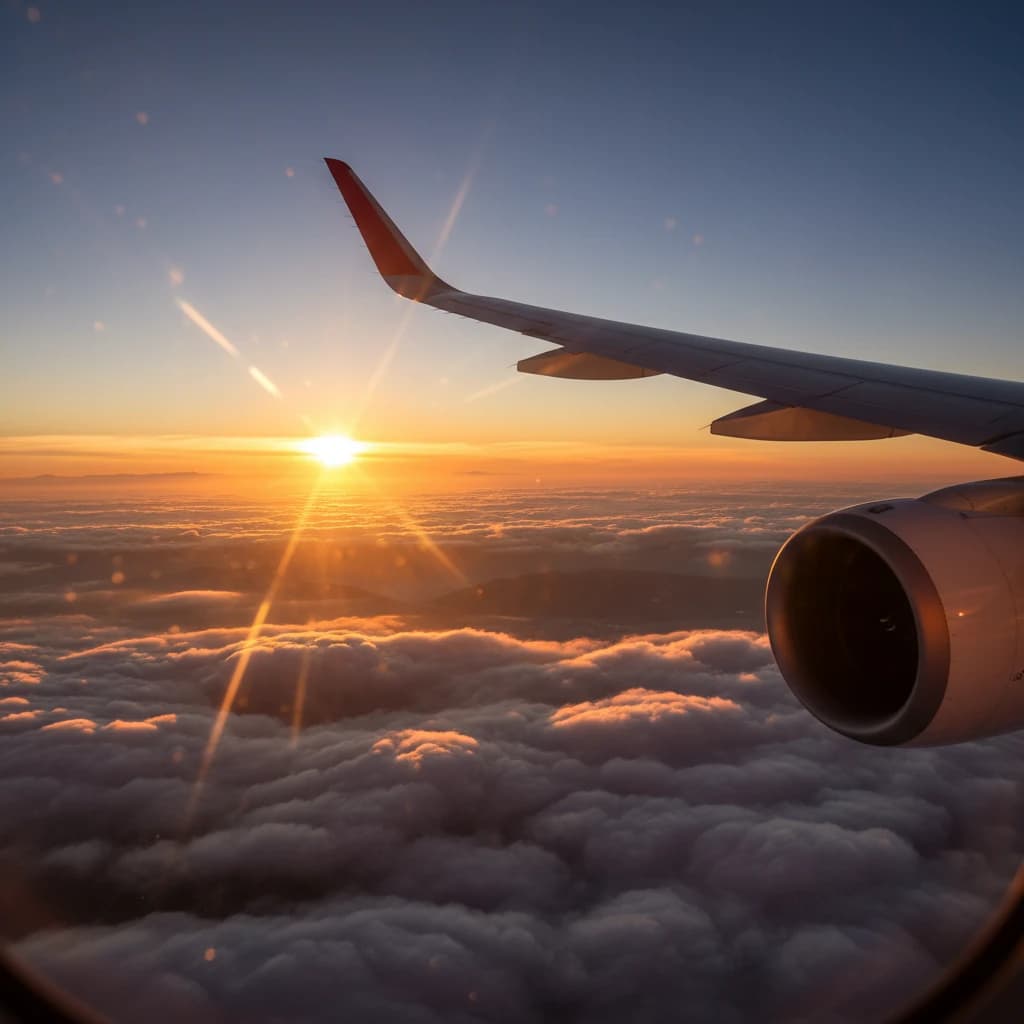 雲海の上を飛ぶ飛行機の翼