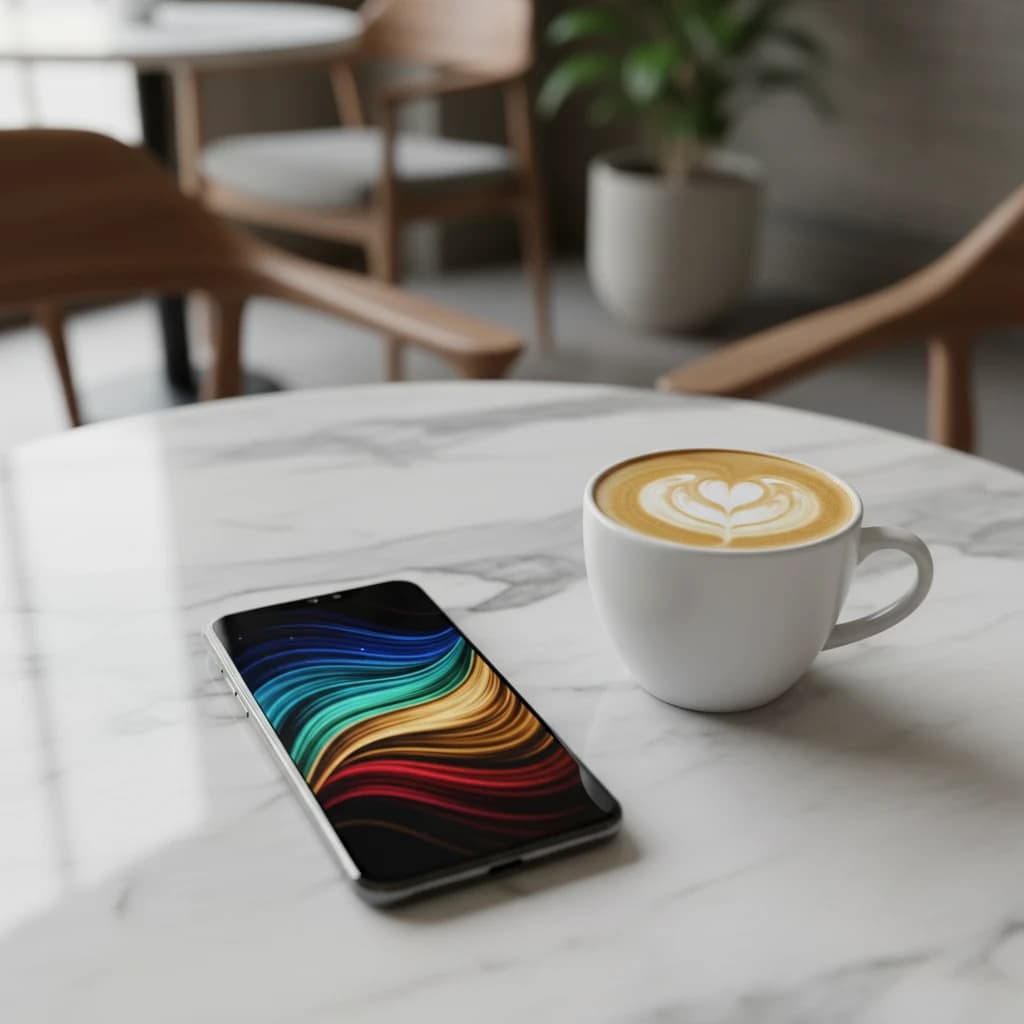 お洒落なカフェのテーブルに置かれたスマートフォンとコーヒー。キャッシュレス決済をイメージさせる清潔感のあるシーン。