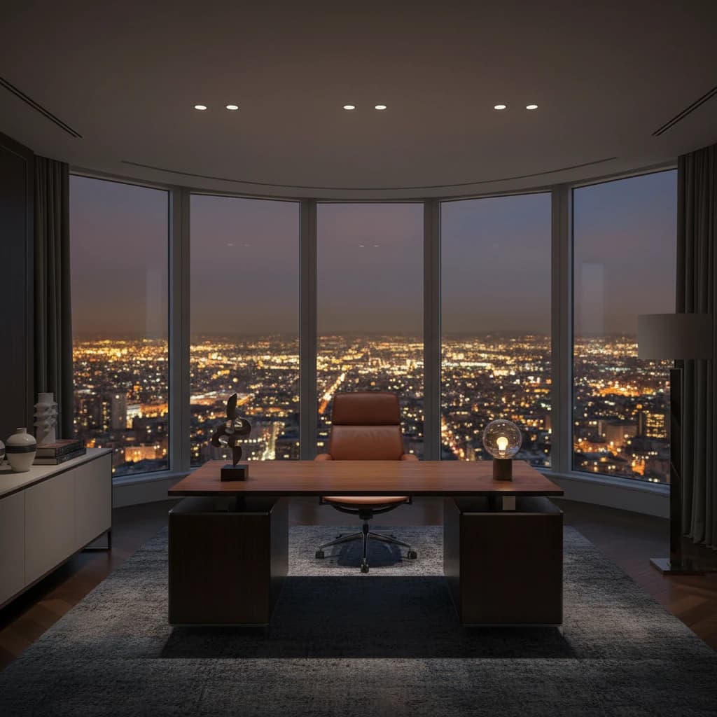 都会の夜景を背景にした高級感のある書斎の風景