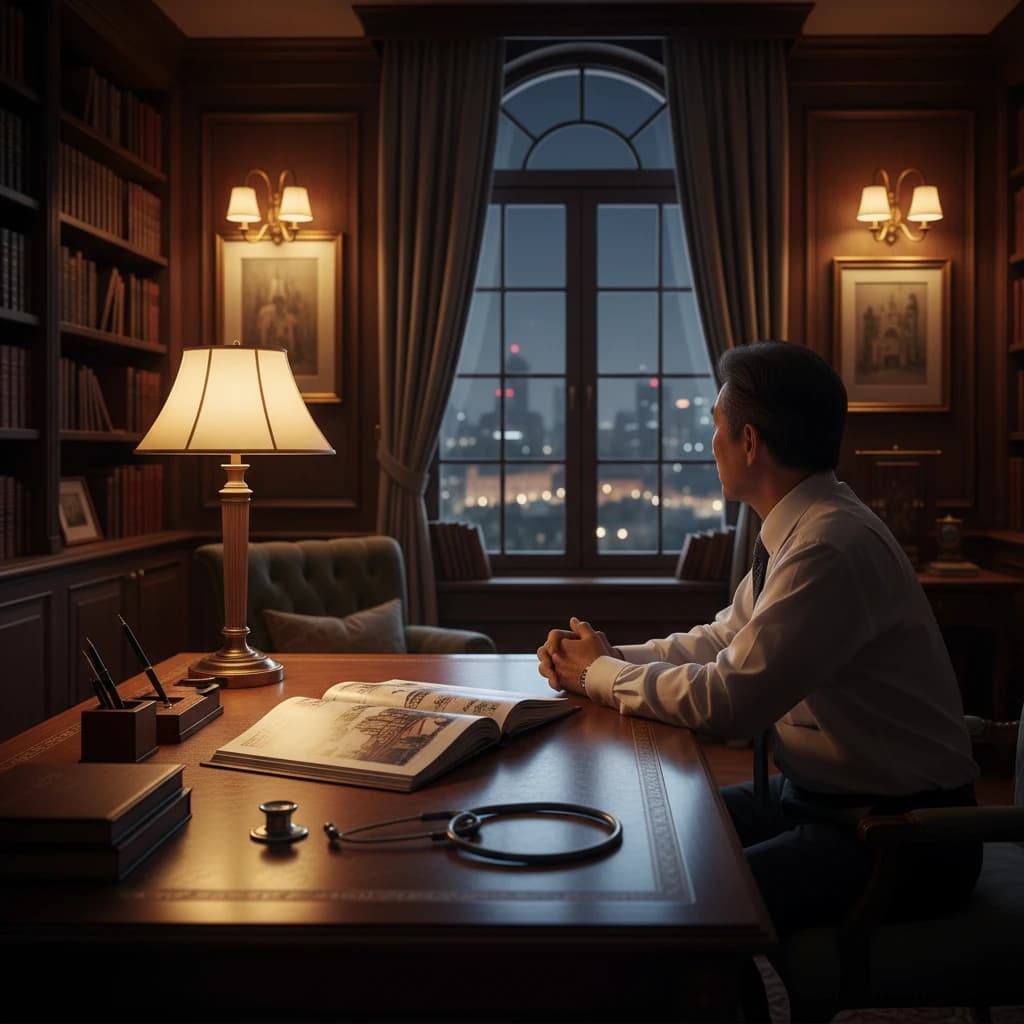 A sophisticated study room at night. A middle-aged Japanese man's silhouette from behind, sitting at a wooden desk. On the desk, there is a travel guidebook for Paris, a fountain pen, and a stethoscope. Warm lighting, elegant atmosphere. No faces, no text.