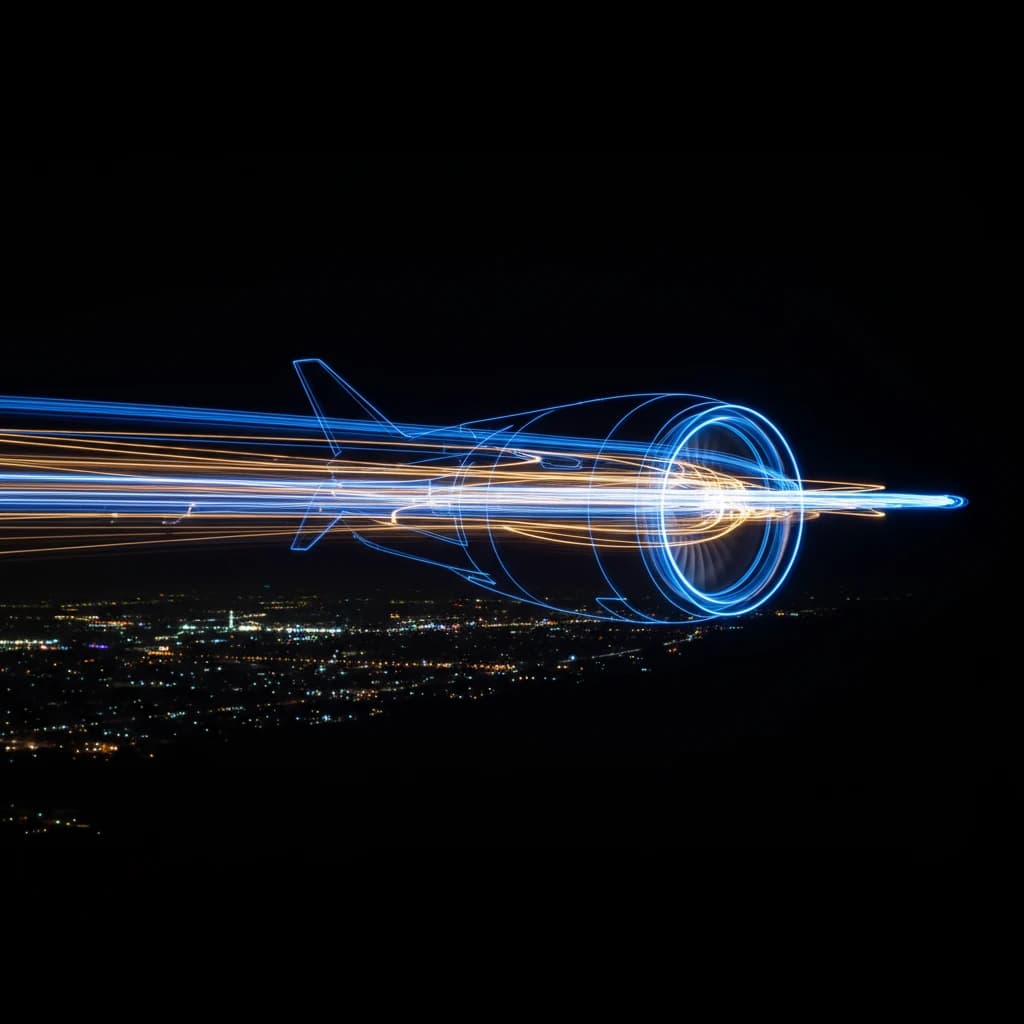 スピード感あふれる光の軌跡と航空機のシルエット