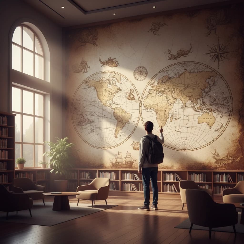 世界地図を眺める学生の背中