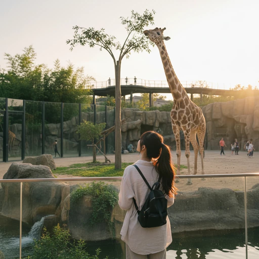 動物園でキリンを見上げる19歳の女性(佐藤陽葵)の背中。夕暮れ時の柔らかな光が差し込む、穏やかで希望に満ちた風景。