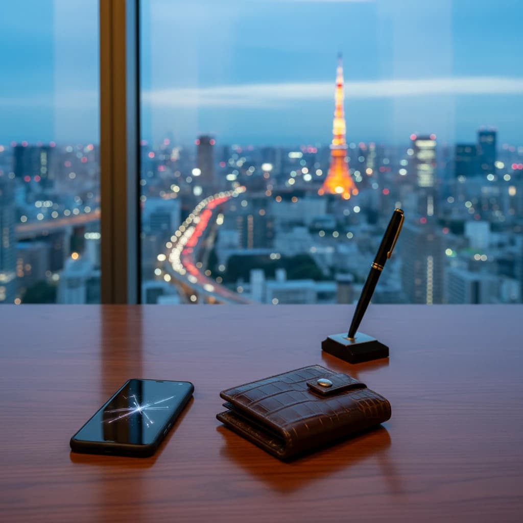 高級感のあるデスクの上に置かれた、スマートフォンと上質な革財布。窓の外には東京のオフィス街が広がる。