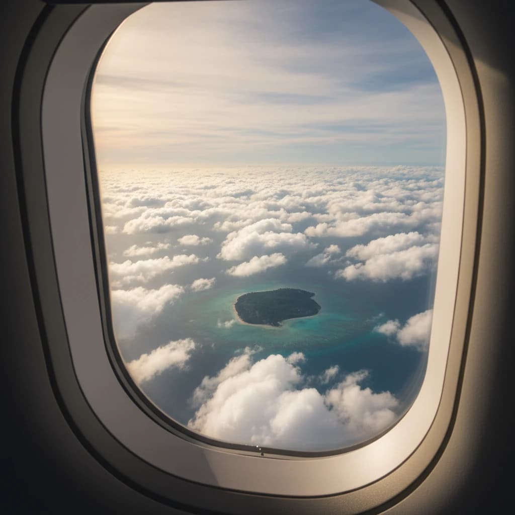 飛行機の窓から見える美しい雲海と、遠くに広がる南国の島々。マイルで叶える旅のイメージ