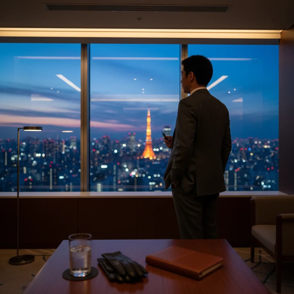 高級ホテルのラウンジから見える夜景と洗練されたテーブルセット