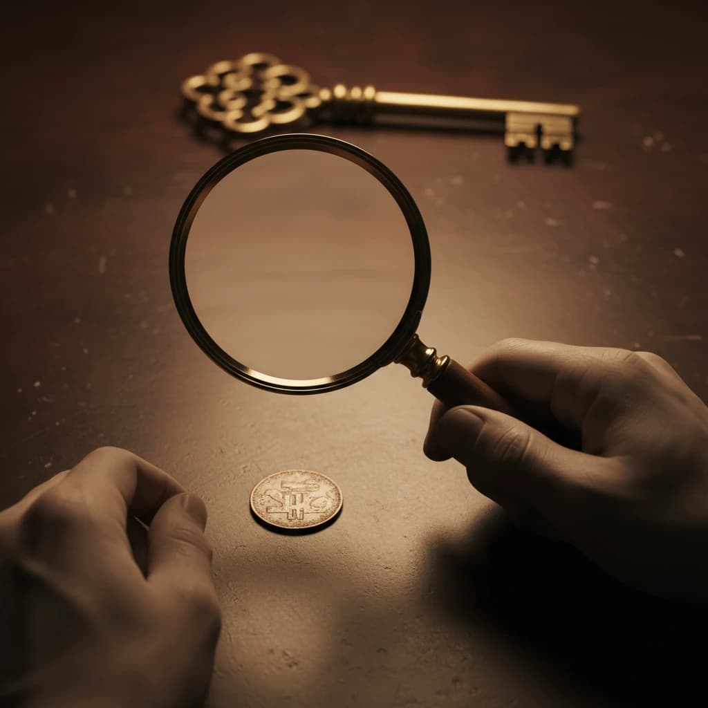 小さなコインに虫眼鏡を向ける一方で、背後にある大きな黄金の鍵に気づかない様子を表現した抽象的なイメージ。プロフェッショナルで落ち着いたトーン。