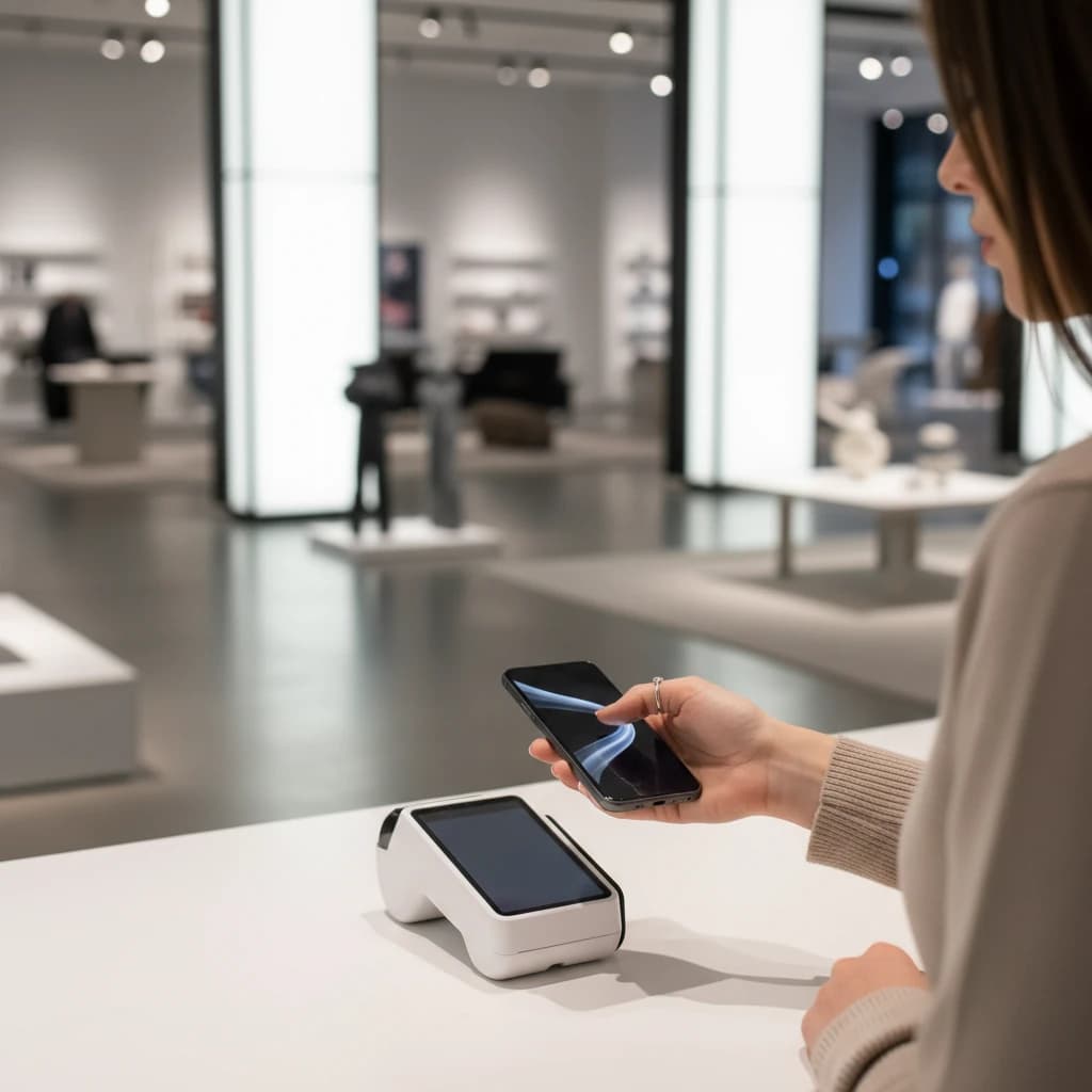 A close-up of a person's hand holding a smartphone to pay at a stylish, modern boutique counter. The focus is on the interaction between the phone and the contactless terminal.
