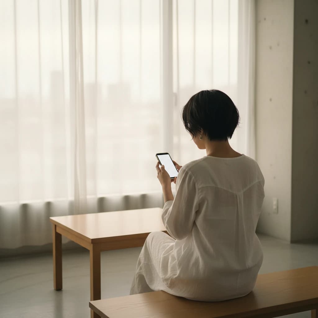 A young Japanese woman with short hair, dressed in simple white linen clothes, sitting in a minimalist room with a single wooden table. She is looking at a smartphone. The room has a large window with soft natural light. No faces visible, view from behind. High quality, cinematic lighting, minimalist interior design.