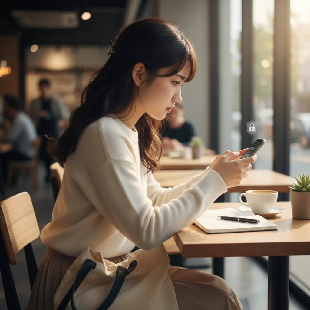 カフェでスマホを操作しながら不安を感じている大学生の様子