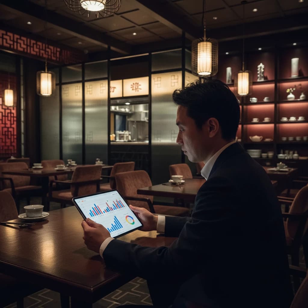 モダンな中華料理店のオーナーが、落ち着いた店内でタブレットを使いながら経営戦略を練っている様子。背景には洗練された内装が見える。