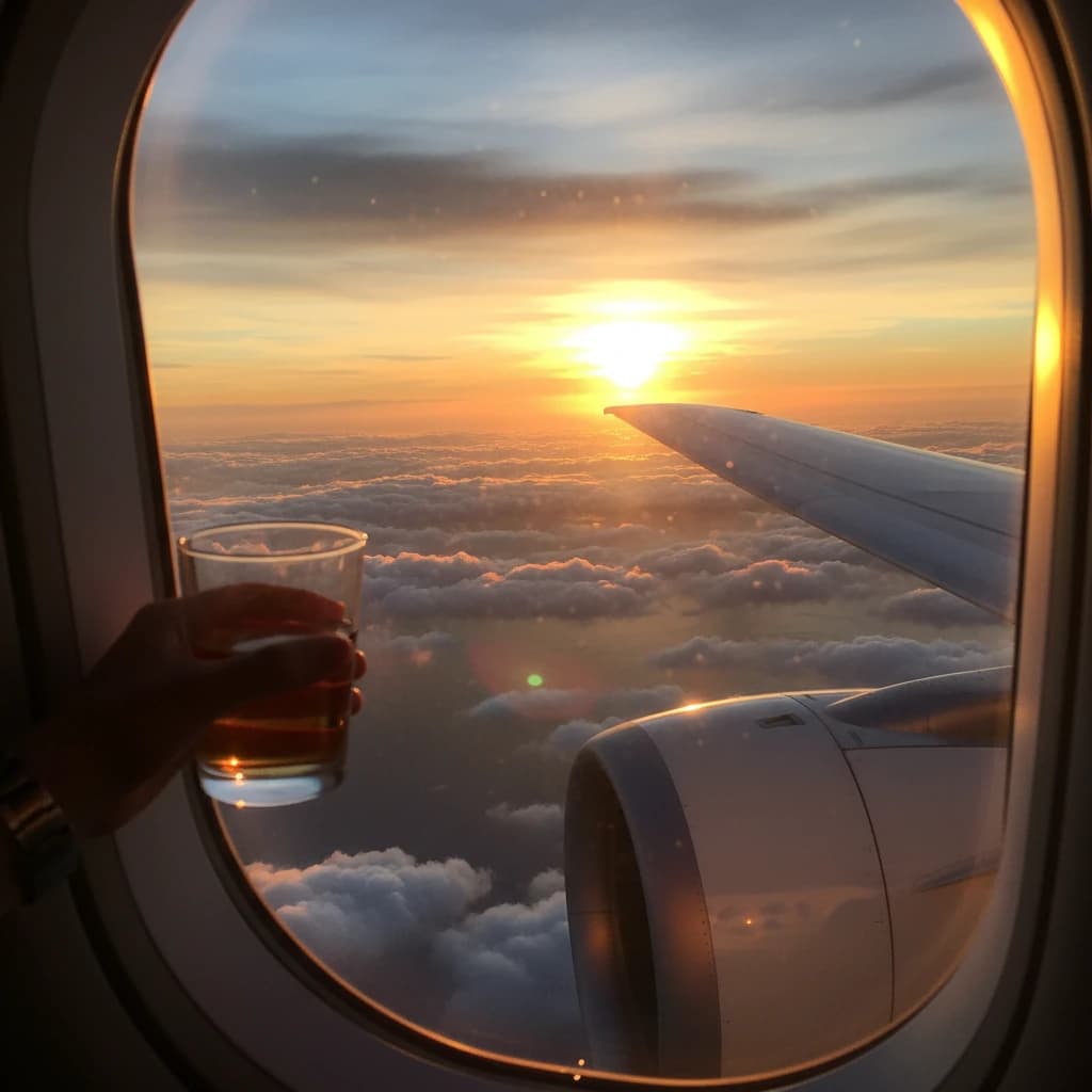 飛行機の窓から見える、夕日に照らされた美しい雲海と翼の一部。