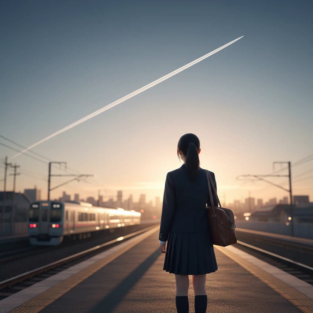 夕暮れの駅のホームで、通学カバンを持ちながら遠くの空を見上げる制服姿の女子高校生の背中。空には飛行機雲が伸びている。
