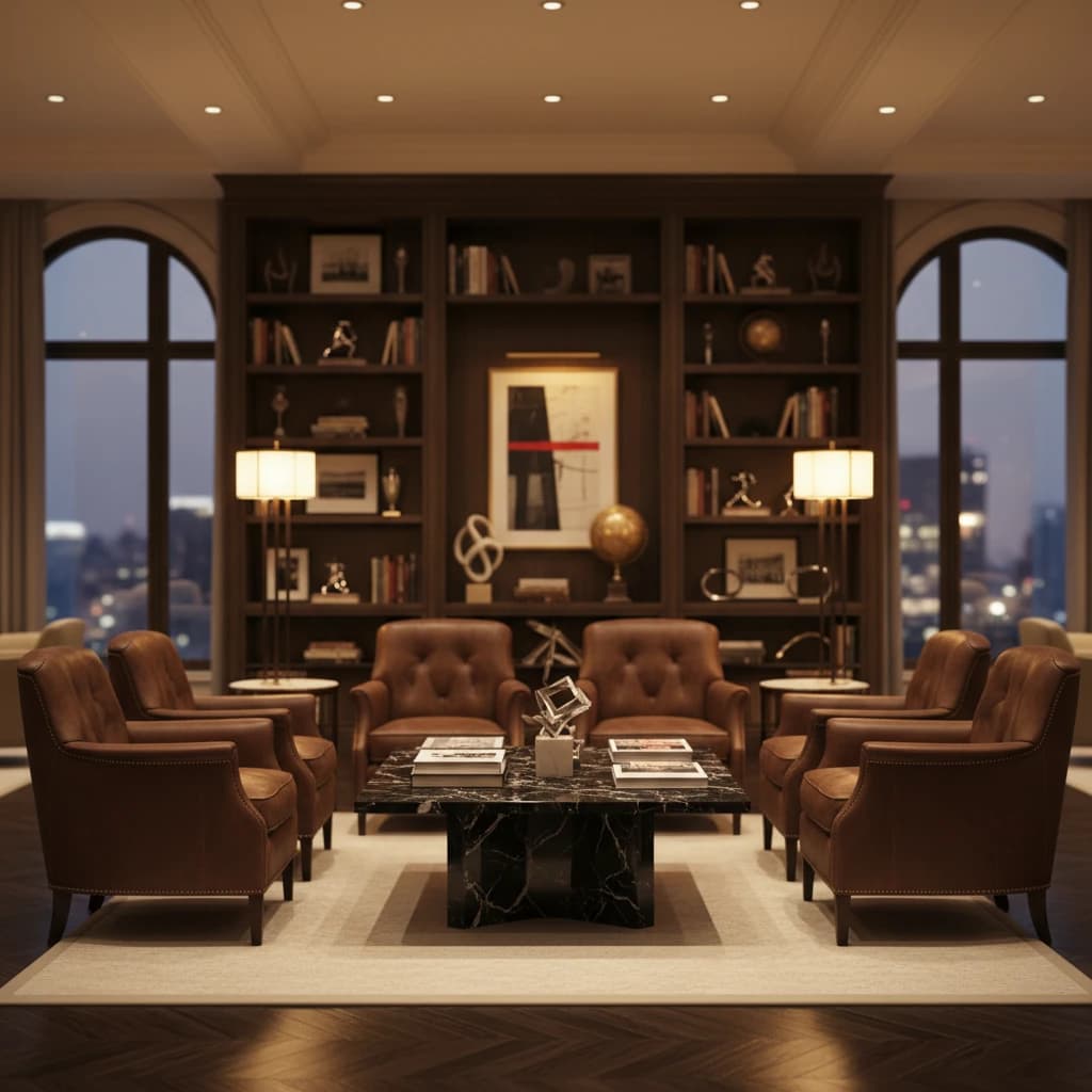 Luxury business lounge with leather chairs and a marble table, warm ambient lighting.