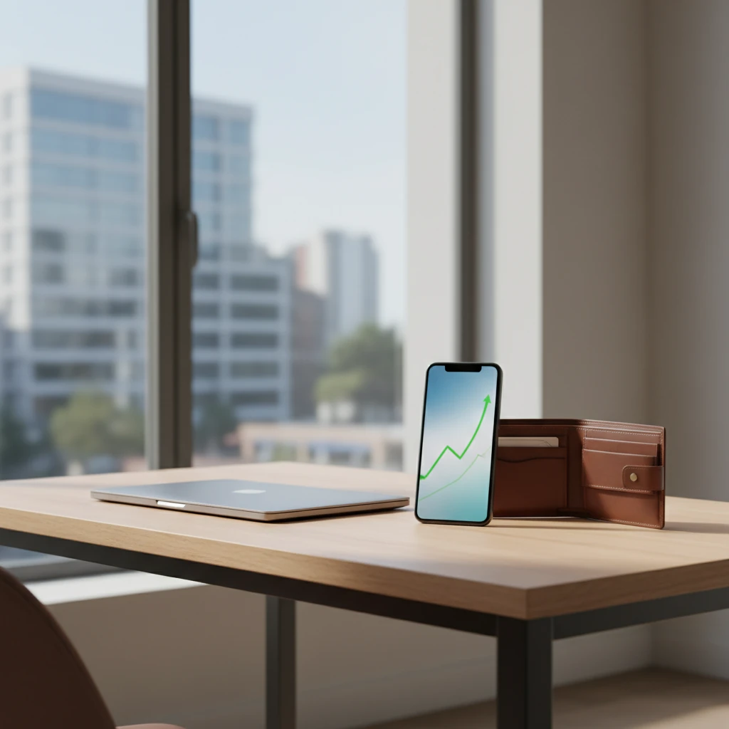 現代的なミニマリストのワークスペース。ノートPCとスマートフォン、上質な革財布が置かれている。