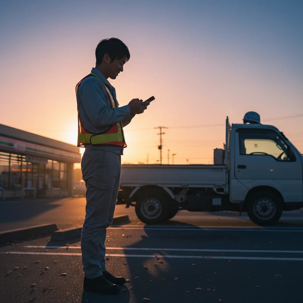 夜明けのコンビニ駐車場で、作業着姿の男性がスマホを見ている様子。背景には朝日と作業用トラックが見える。