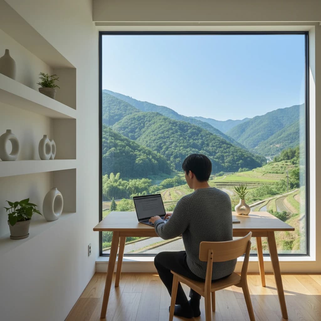 地方の静かなワークスペースでPCに向かう20代の若手ビジネスパーソンの後ろ姿