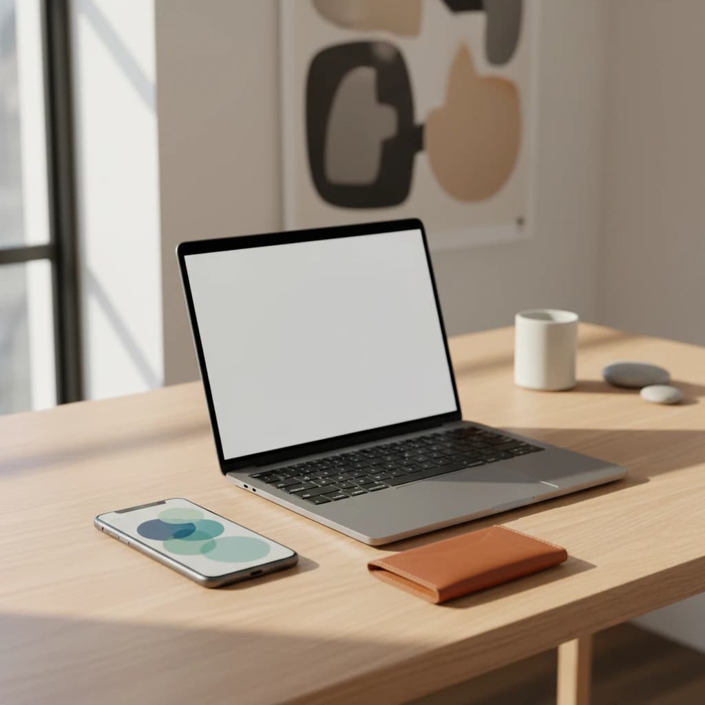 ミニマリストのデザイナーのデスク。スマートフォンと薄い財布、ノートPCが整然と並んでいる。