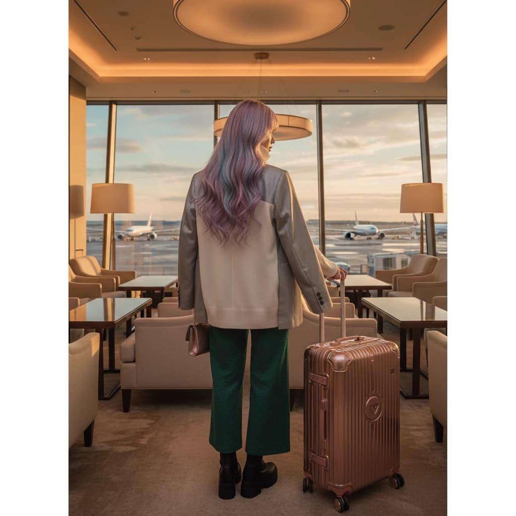 空港の大きな窓から飛行機を眺める、スタイリッシュなファッションの若い女性の背中。高級感のあるキャリーケースが横にある。