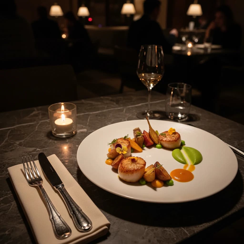 高級レストランのテーブルに並ぶ、美しく盛り付けられたフランス料理のコース。