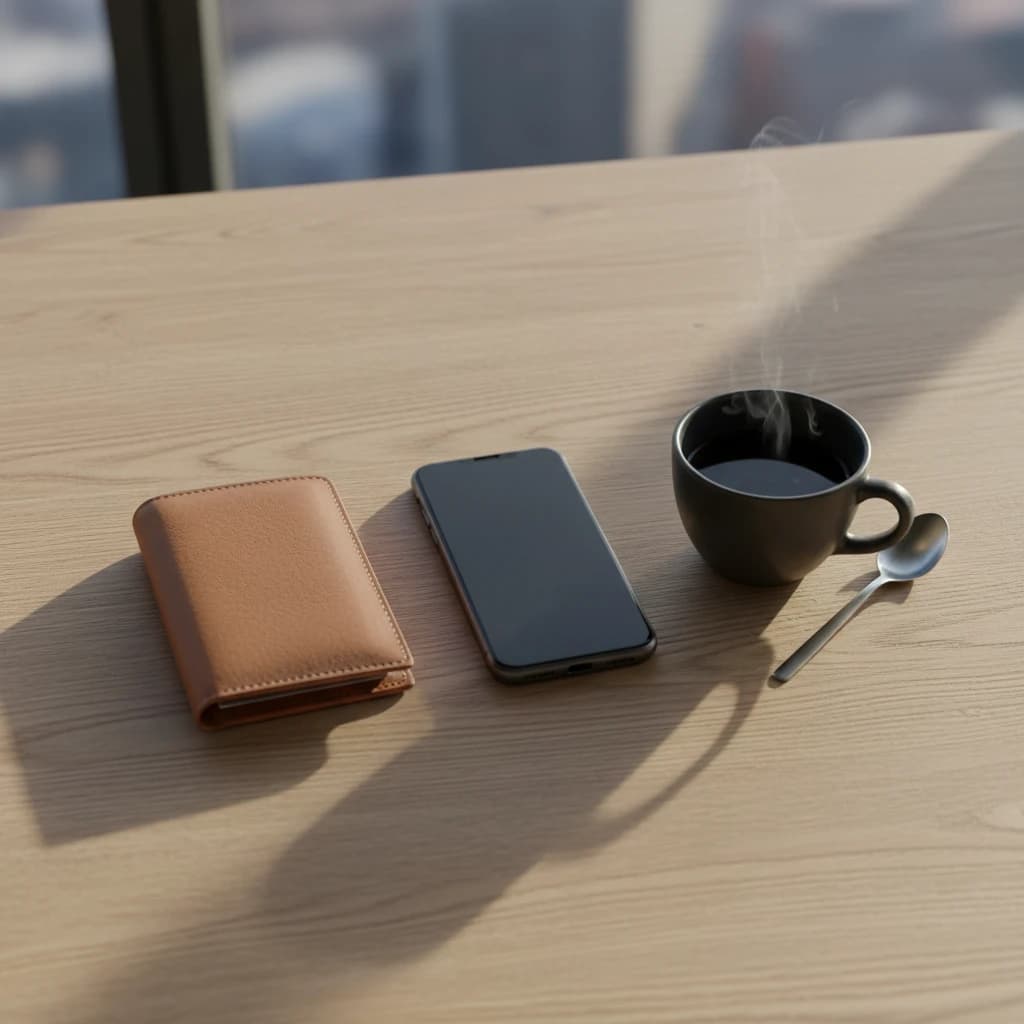 A single smartphone and a slim leather wallet on a clean wooden table.