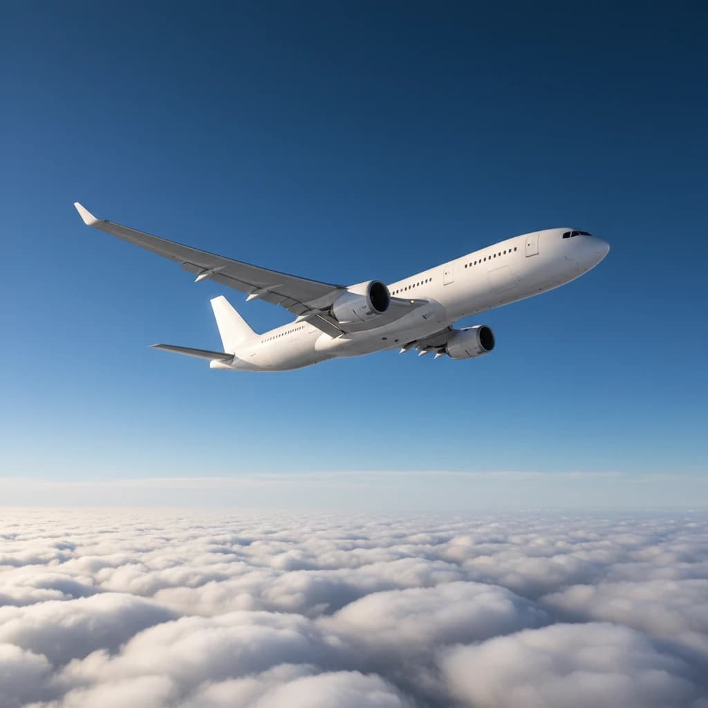 空を飛ぶ飛行機と青空。自由な旅を想起させる風景