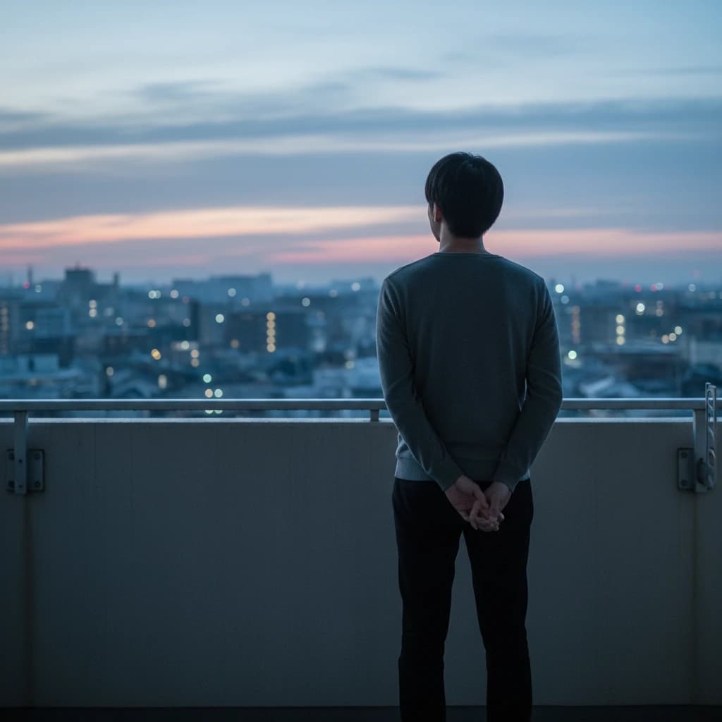 夜明けの街を見下ろす合理主義者の背中