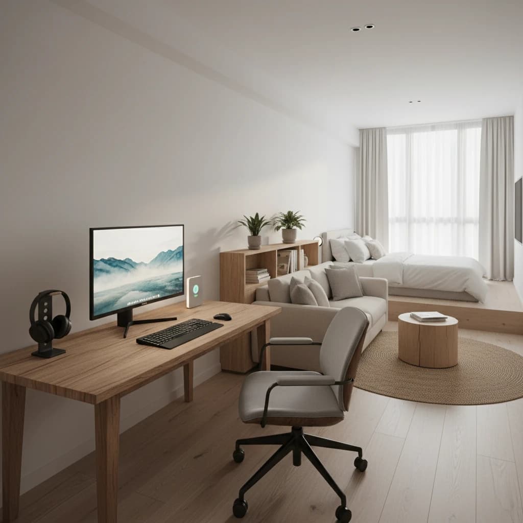 洗練されたモダンな一人暮らしの部屋。高品質な木製デスクの上に最新のPCモニターとガジェットが並び、窓からは柔らかな光が差し込んでいる。清潔感のある北欧スタイルのインテリア。