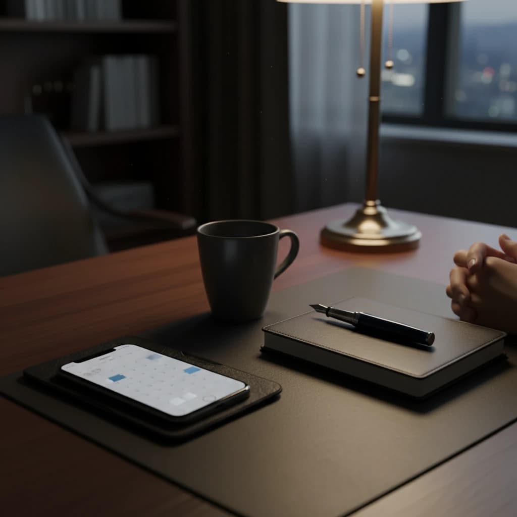 40代会社員のデスク。スマートフォンにカレンダーが表示され、高級感のあるペンとコーヒーカップが置かれている。落ち着いた照明で、時間の経過を感じさせる雰囲気。人物の顔は映さない。
